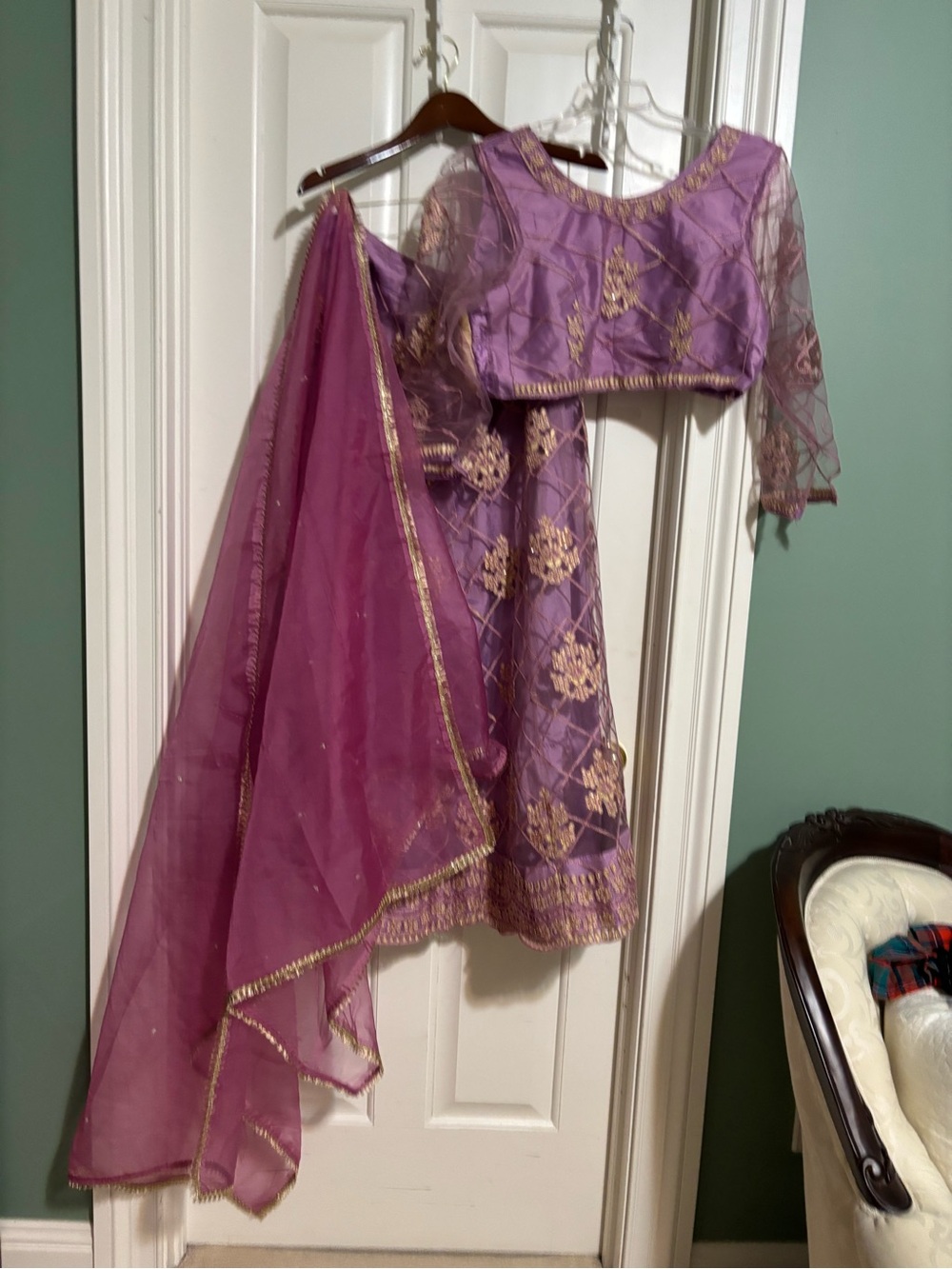 Extra Large designer Purple Embroidered Lehenga with Gold Accents three piece.